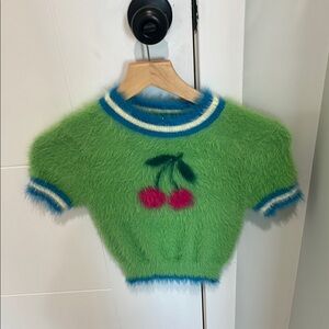 Cherry Embroidered Fuzzy Green Sweater